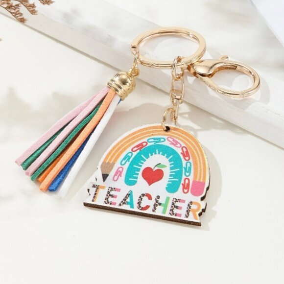 Teacher Rainbow Tassel Keychain Gold Rings - Picture 1 of 2